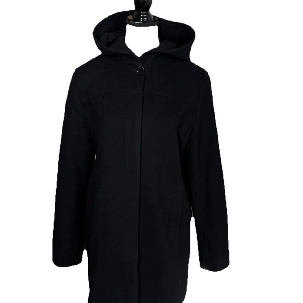 Vintage Jason Kole Women's Small Black 100% Wool Hooded Pea Coat Jacket Goth - Picture 2 of 7